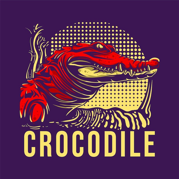 Vecteur crocodile de conception de t-shirt avec vue latérale du crocodile avec des dents pointues et des yeux traquant sa proie illustration vintage