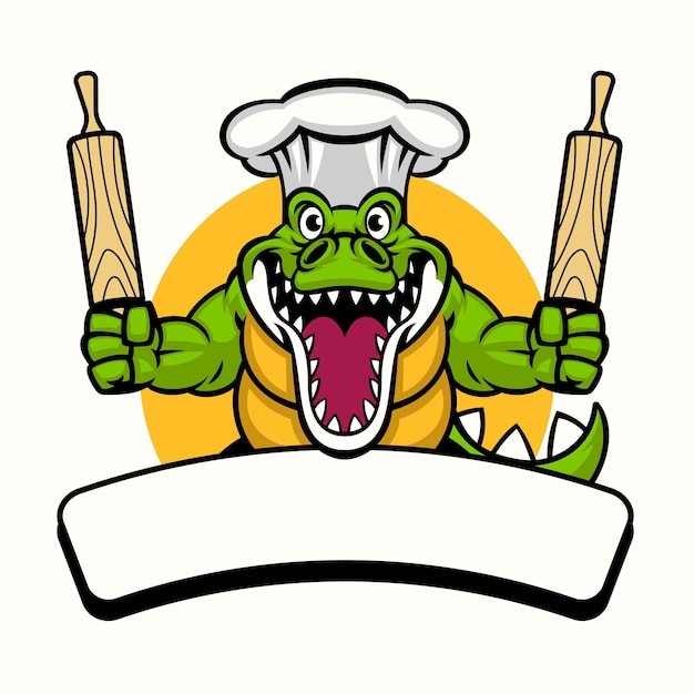 Crocodile Food Cooking Mascot Logo Tenir Le Rouleau à Pâtisserie