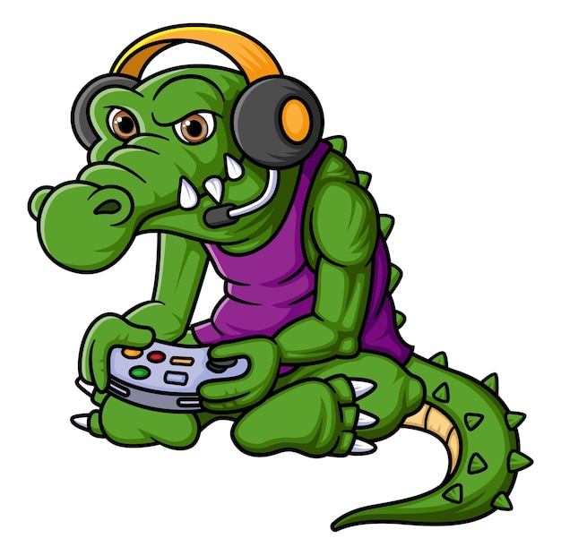 Crocodile jouant au jeu avec contrôleur et dessin animé de casque