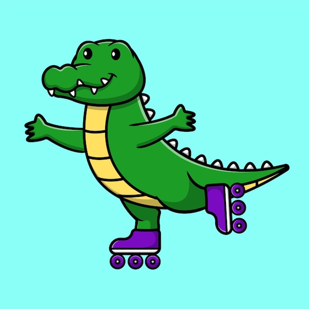 Crocodile Mignon Jouant Patin à Roulettes Icône Vecteur Dessin Animé Illustration