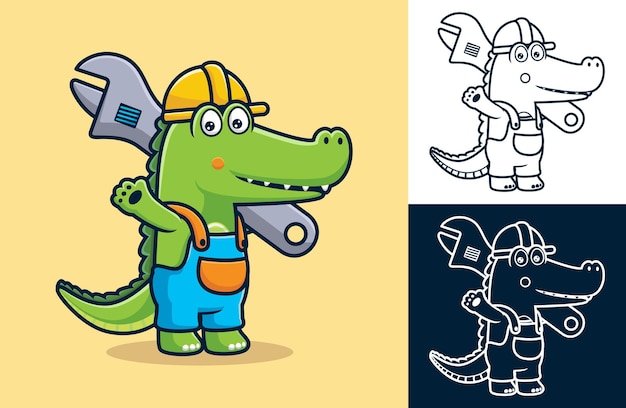 Crocodile Portant Un Uniforme De Travailleur Tout En Portant Une Grosse Clé à Molette. Illustration De Dessin Animé Dans Le Style D'icône Plate