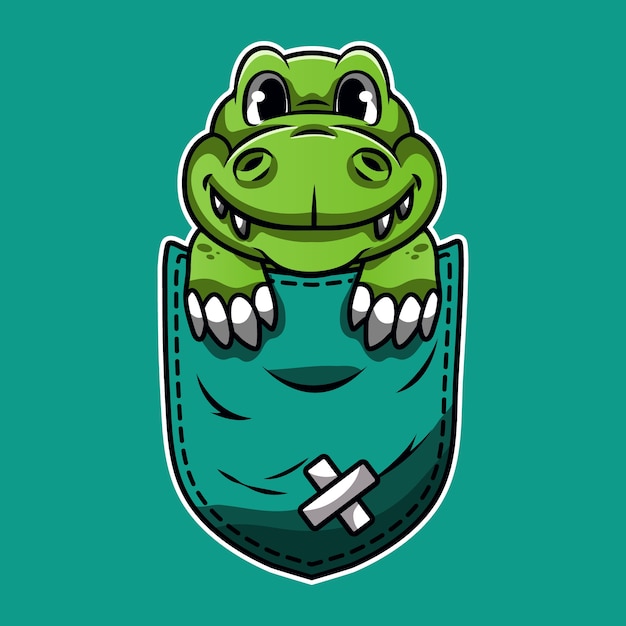 Vecteur crocodile vert dessin animé mignon dans une poche