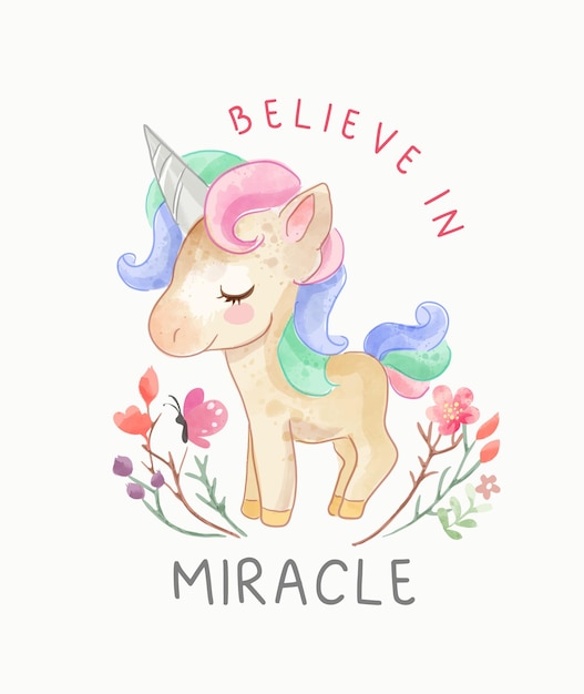 Vecteur croire au slogan miracle avec une jolie illustration de licorne