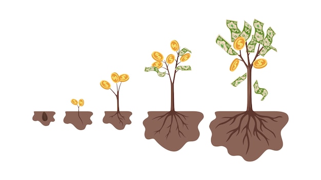 Vecteur croissance de l'arbre d'argent de la graine au grand buisson avec des pièces d'or et de l'argent travail acharné ou diligence et apprentissage du travail actif et de l'investissement métaphore de vecteur d'affaires de réussite de l'illustration de la finance de croissance