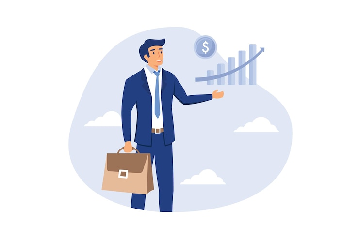 Vecteur croissance des bénéfices d'investissement confiance homme d'affaires investisseur détenant un grand graphique de croissance des bénéfices en hausse