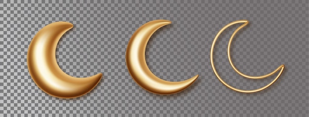 Vecteur croissant de lune 3d éléments vectoriels décoratifs dorés isolés sur fond transparent ensemble de croissant de lune de symbole islamique