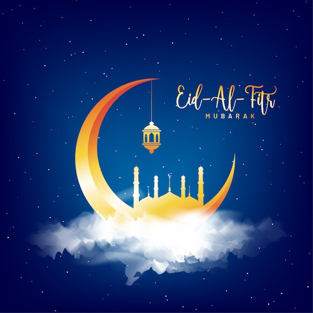 Croissant-lune Dorée Et Mosquée Sur Fond Nuageux Bleu. Concept De Célébration Eid-al-fitr