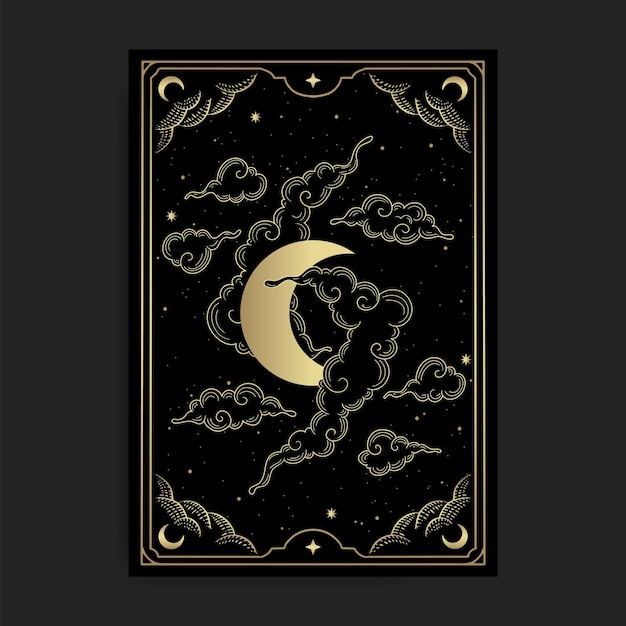 Vecteur croissant de lune de luxe et illustration de nuages dans le style d'art en ligne dessiné à la main