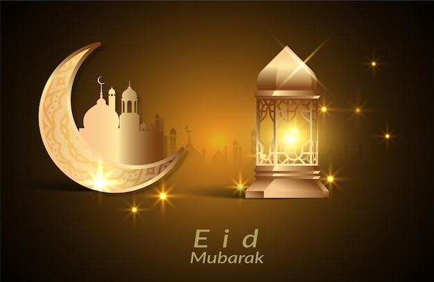 Vecteur croissant de lune et mosquée fond réaliste eid mubarak