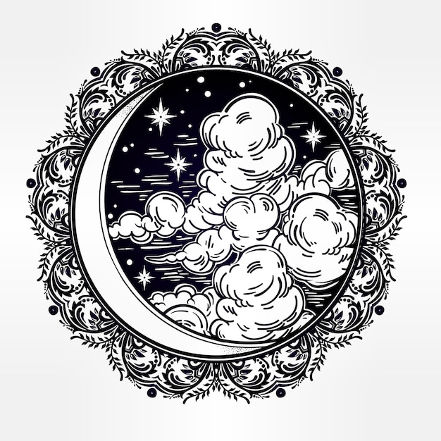 Croissant de lune orné dessiné à la main complexe avec des étoiles et des nuages illustration vectorielle isoléeTattoo art astrologie spiritualité alchimie symbole magique élément tribal mystique ethnique pour votre usage