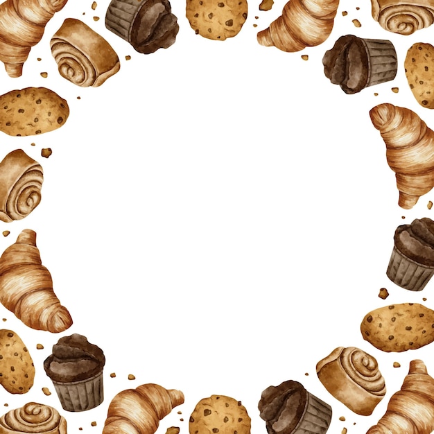 Vecteur croissant en spirale rouleau de cannelle biscuits muffin pâtisserie concept alimentaire de boulangerie cadre à aquarelle