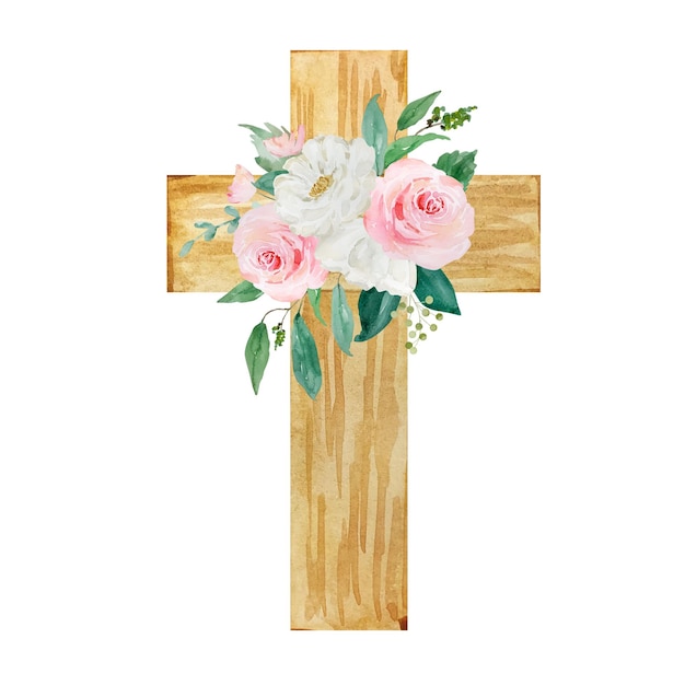 Croix aquarelle ornée de fleurs symbole religieux de Pâques