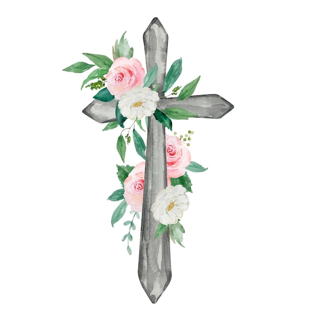 Croix Aquarelle Ornée De Fleurs Symbole Religieux De Pâques