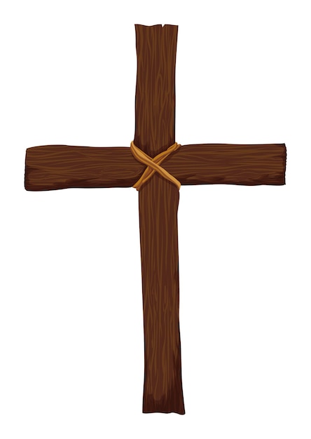 Vecteur croix chrétienne en bois attachée à des cordes dans le style des dessins animés sur fond blanc