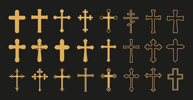 Vecteur croix chrétienne. croix en or, simple crucifix décoratif. symboles de vecteur de religion catholique église. forme de symbole de christianisme et de catholicisme, illustration de croix de crucifix