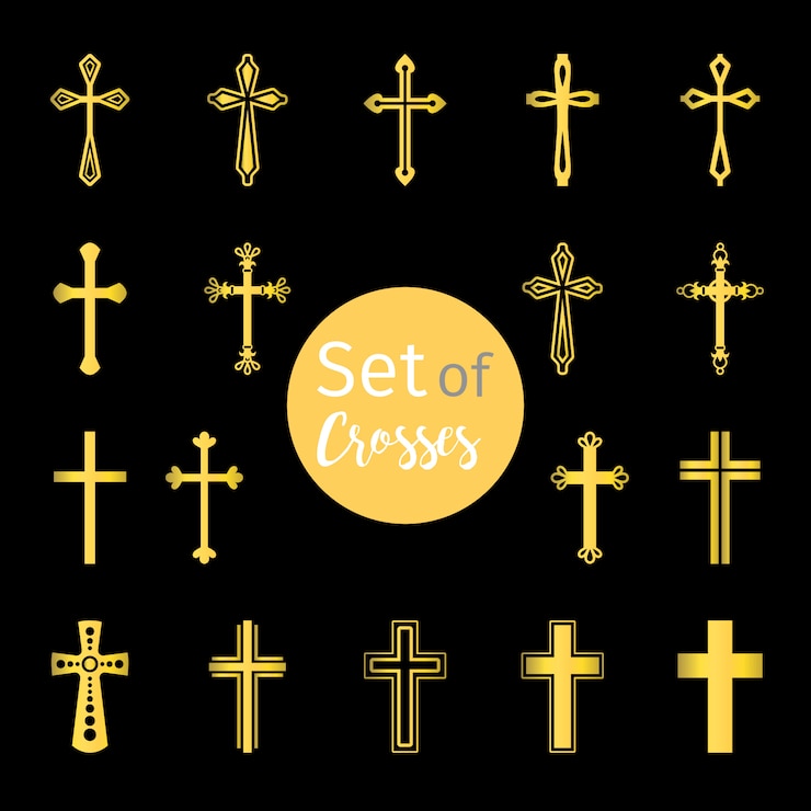 Vecteur croix chrétienne signes de couleur dorée