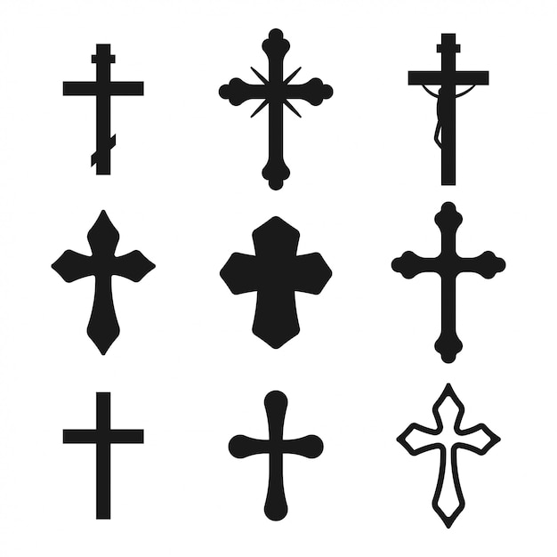 Croix chrétienne silhouette noire ensemble isolé sur fond blanc.
