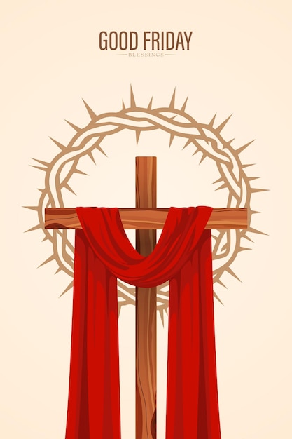 Croix du Vendredi Saint avec couronne d'épines et rideaux rouges