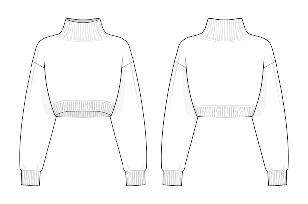 Vecteur crop top tricot pull à col roulé mode plat modèle de dessin technique drop épaule col roulé t