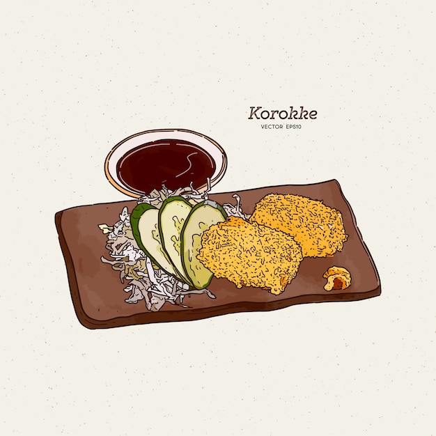 Vecteur les croquettes de pommes de terre japonaises, ou korokke, sont des aliments frits japonais à base de purée de pommes de terre hachée panko avec carottes, oignons et hachis. croquis de dessin à la main.