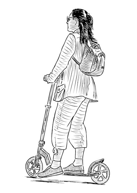 Croquis d'une adolescente se promenant avec son scooter