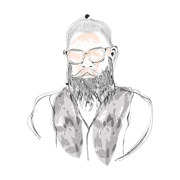 Vecteur croquis aquarelle isolé de hipster avec lunettes et barbe illustration vectorielle