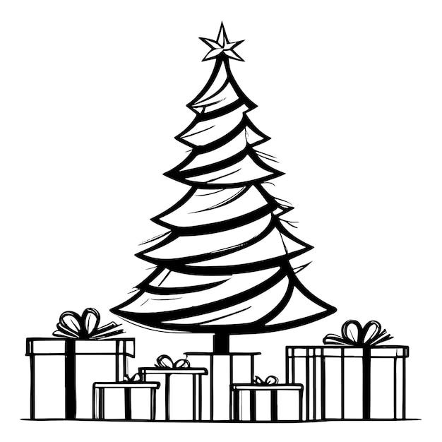 Croquis D'arbre De Noël Avec étoile Et Coffrets Cadeaux Décorés Illustrations Dessinées à La Main Vecteur