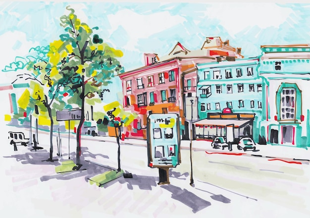 Croquis au marqueur dessin de la ville en dehors de l'art contemporain