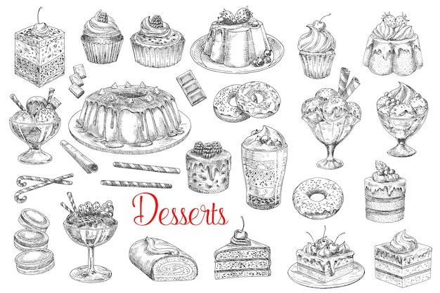 Vecteur croquis de biscuits de gâteaux de pâtisserie de desserts et de sucreries