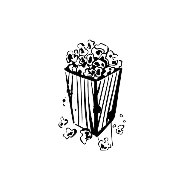 Vecteur croquis de boîte de pop-corn sur fond blanc nourriture pour regarder des films doodle dessinés à la main