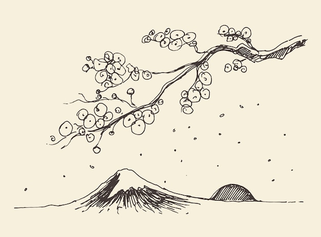 Croquis D'une Branche De Sakura Et De Montagne Fuji, Japon. Illustration Vectorielle, Style Gravé