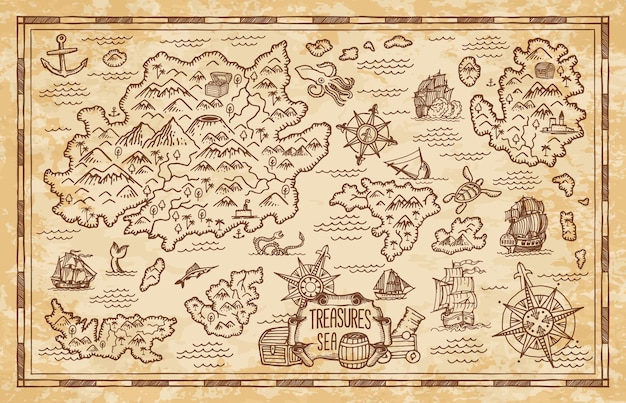 Croquis de carte au trésor pirate avec navire des îles de la mer