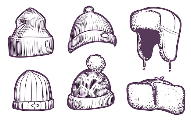 Vecteur croquis casquettes pour hommes conception de chapeaux de mode d'hiver et d'automne chauds sports et tricots de couvre-chef en laine pour hommes et femmes accessoires traditionnels saisonniers éléments de vêtements dessinés à la main vecteur ensemble isolé