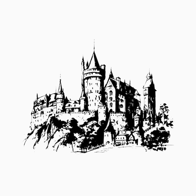 Un croquis d'un château médiéval dessiné dans un style de croquis