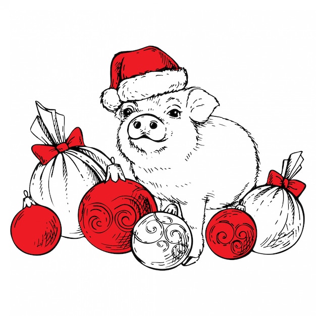 Croquis De Cochon Au Chapeau Du Père Noël Avec Des Boules De Noël.