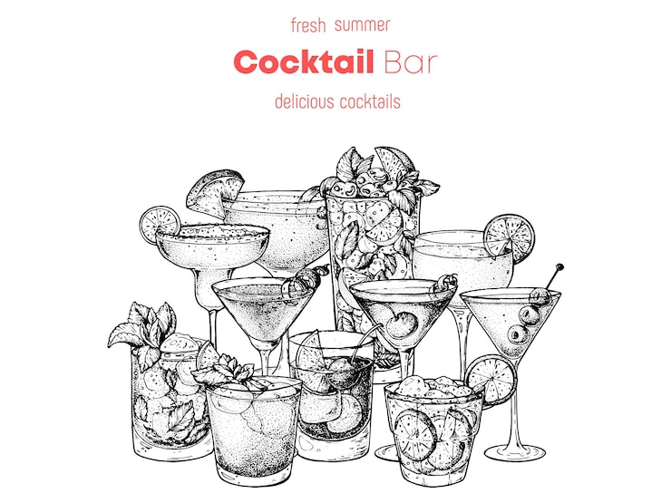 Vecteur croquis de cocktails alcoolisés illustration vectorielle dessinés à la main boissons dessinées à la main ensemble de cocktails menu