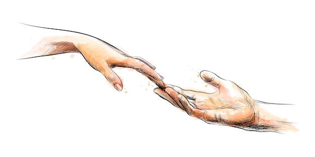 Croquis de couleur touchant les mains d'une touche d'aquarelle