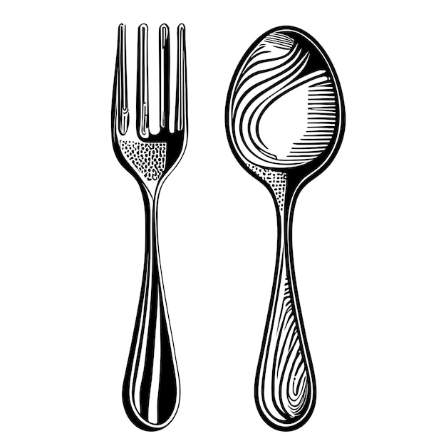 Croquis de cuillère et de fourchette dessiné avec une main dans l'illustration de style dudl