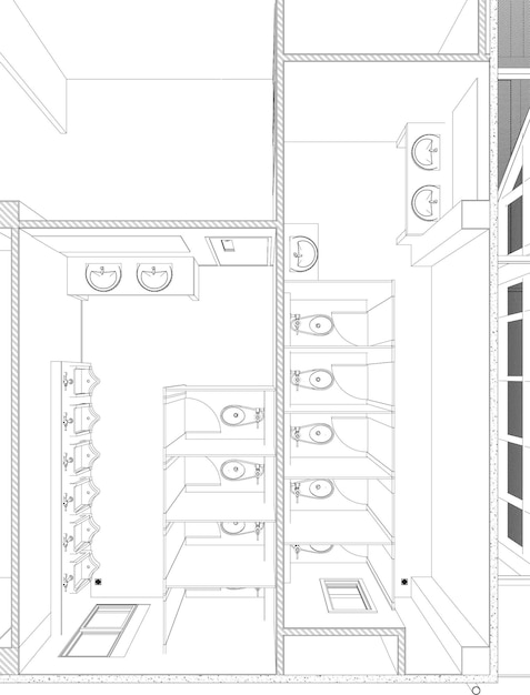 Un croquis d'une cuisine avec une étagère intégrée.