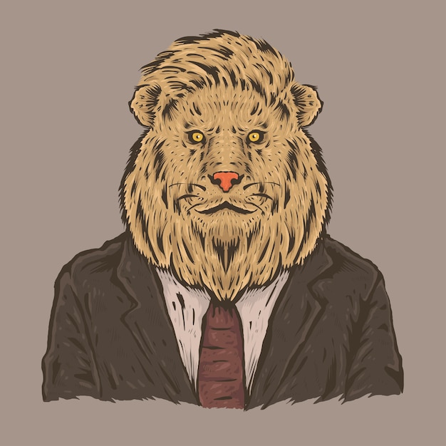 Vecteur croquis de dessin à la main du lion porte un costume noir