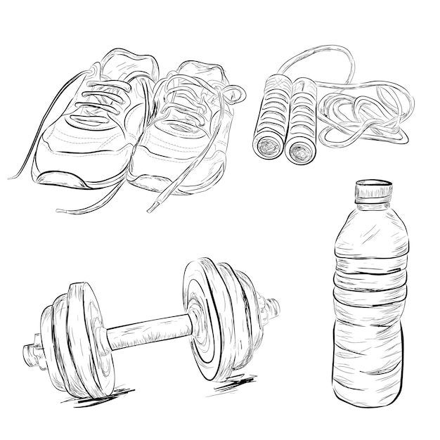 Croquis de dessin à la main de vecteur simple de chaussures d'équipement de sport corde à sauter et bouteille d'eau d'haltère haltère