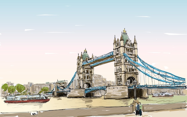 Croquis De Dessin De Paysage Urbain Tower Bridge, Londres, Angleterre, Illustration