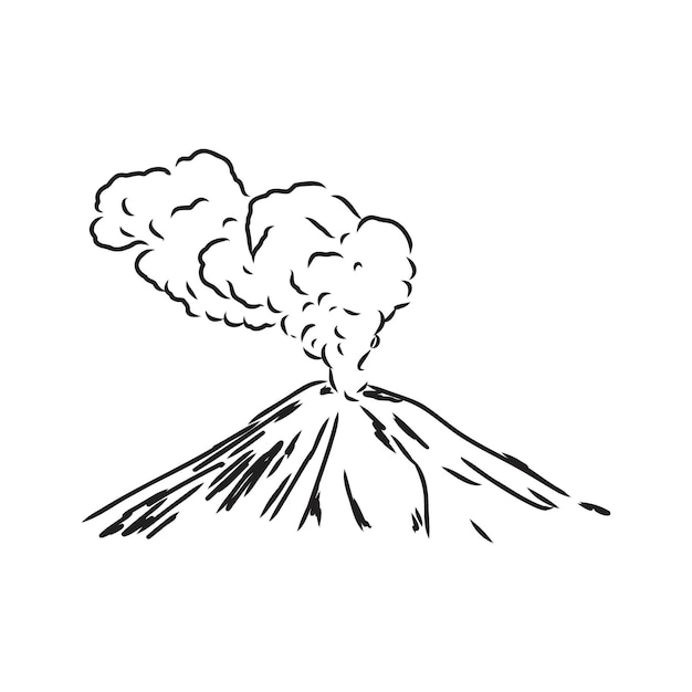 Croquis De Dessin Vectoriel Du Volcan. L'éruption Et La Fumée Contre Le Ciel Avec Des Nuages.