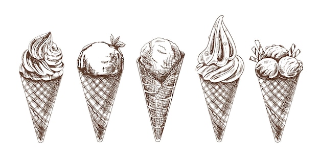 Un croquis dessiné à la main d'un cône de gaufres avec de la crème glacée ou du yogourt congelé