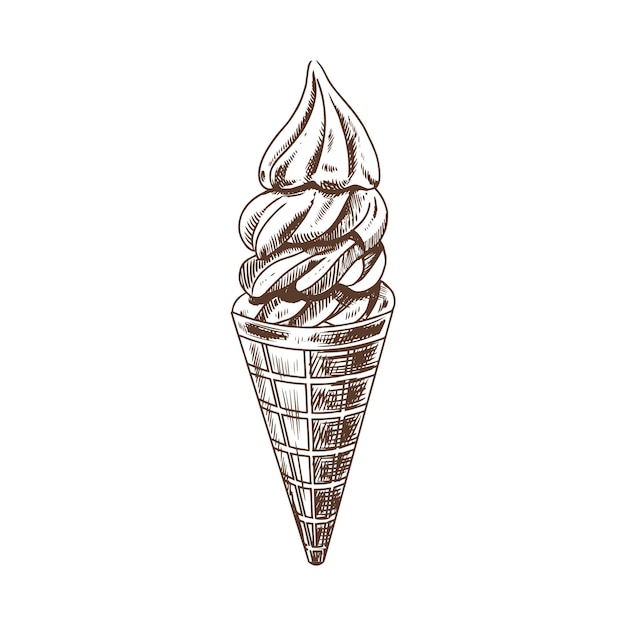 Un croquis dessiné à la main d'un cône de gaufres avec du yogourt congelé ou de la crème glacée douce