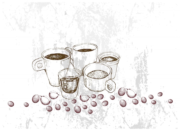 Vecteur croquis dessiné à la main de divers cafés chauds