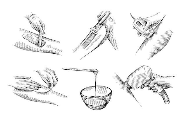 Vecteur croquis dessiné à la main de l'ensemble d'épilation, épilation.