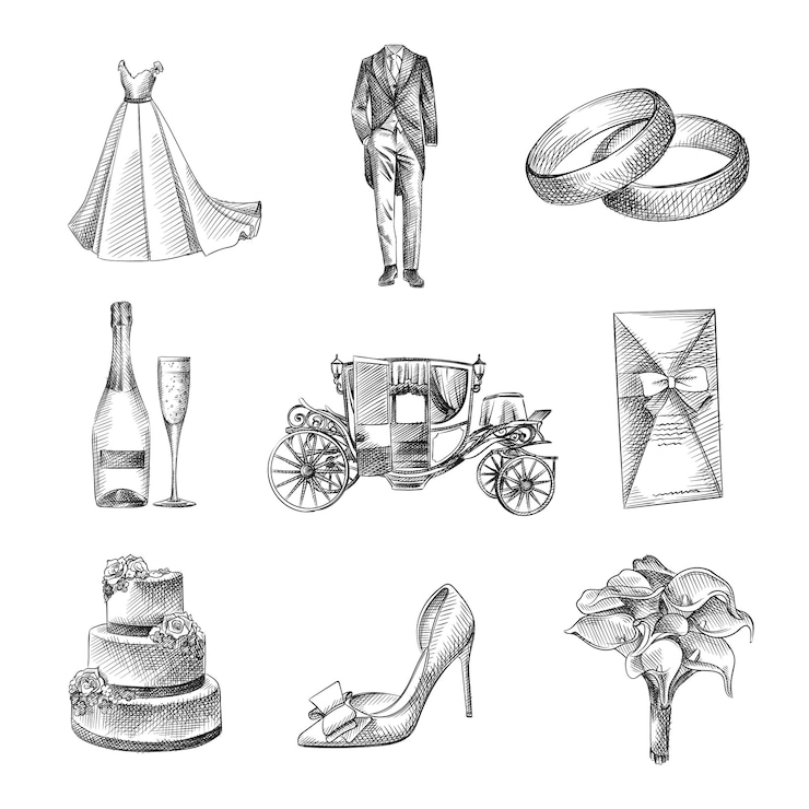 Vecteur croquis dessiné à la main d'un ensemble de mariage. l'ensemble comprend une robe de mariée, un smoking, des bagues de fiançailles, des cartes d'invitation, un gâteau de mariage à 3 niveaux, du champagne et un verre, un chariot, une boutonnière, des chaussures de mariage