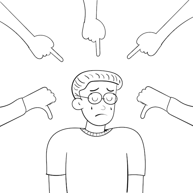 Croquis dessiné à la main d'un jeune homme victime d'intimidation avec des lunettes