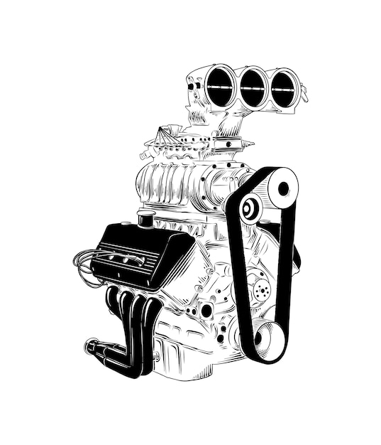Croquis dessiné main de moteur de voiture